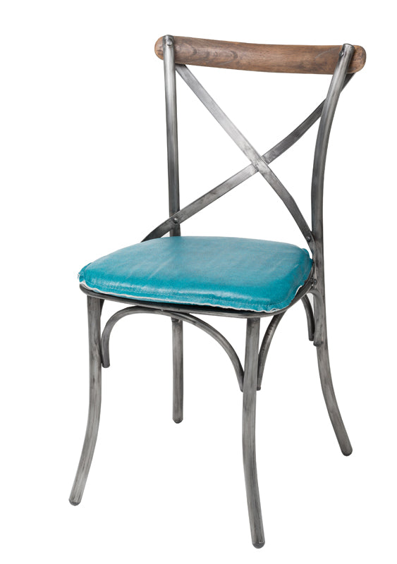 Metal Crossback Chair with Peacock Blue Seat Cushion